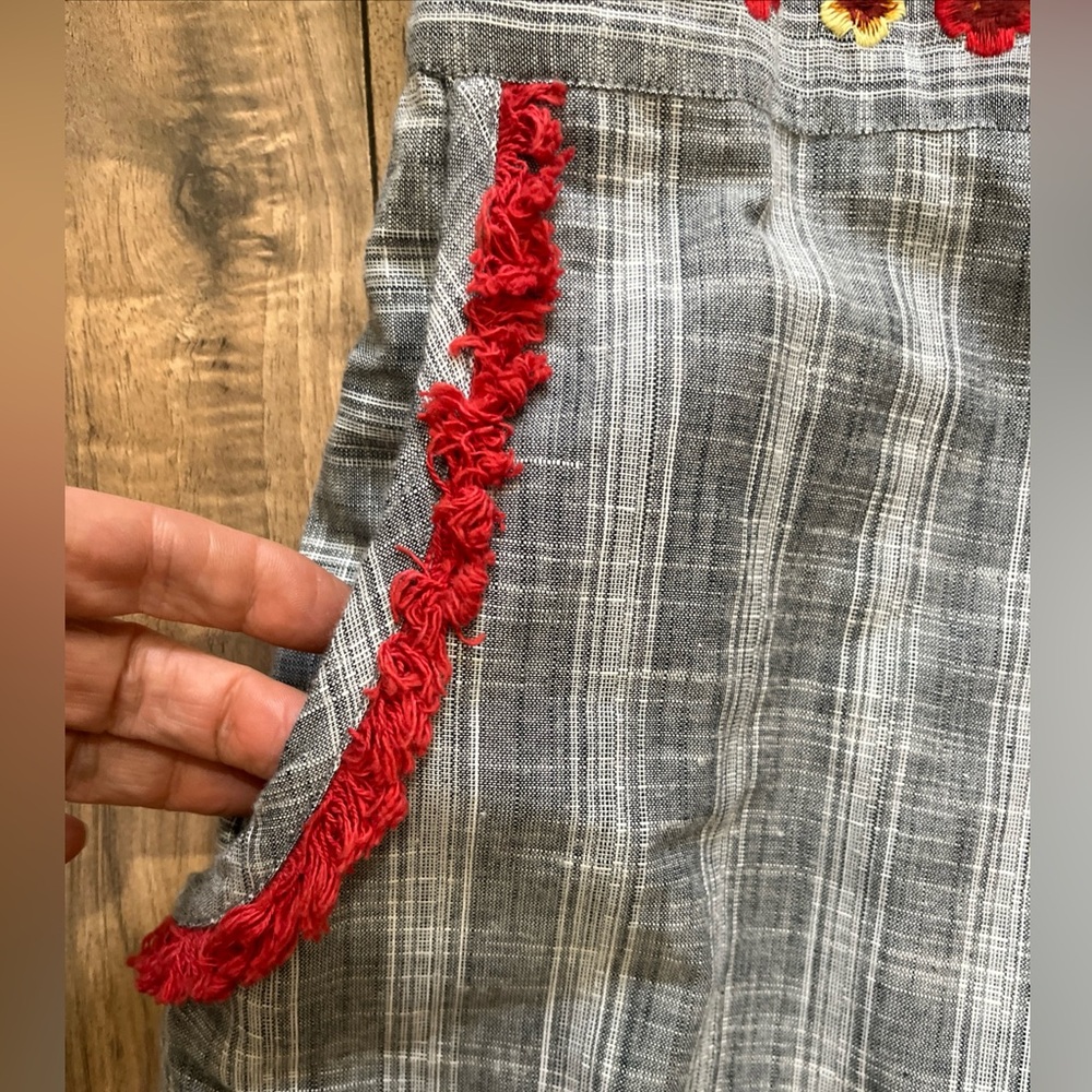 RAGA ANTHROPOLOGIE Plaid Embroidered Detail Fringe Tie Waist Wide Leg Jumpsuit M - Picture 5 of 13